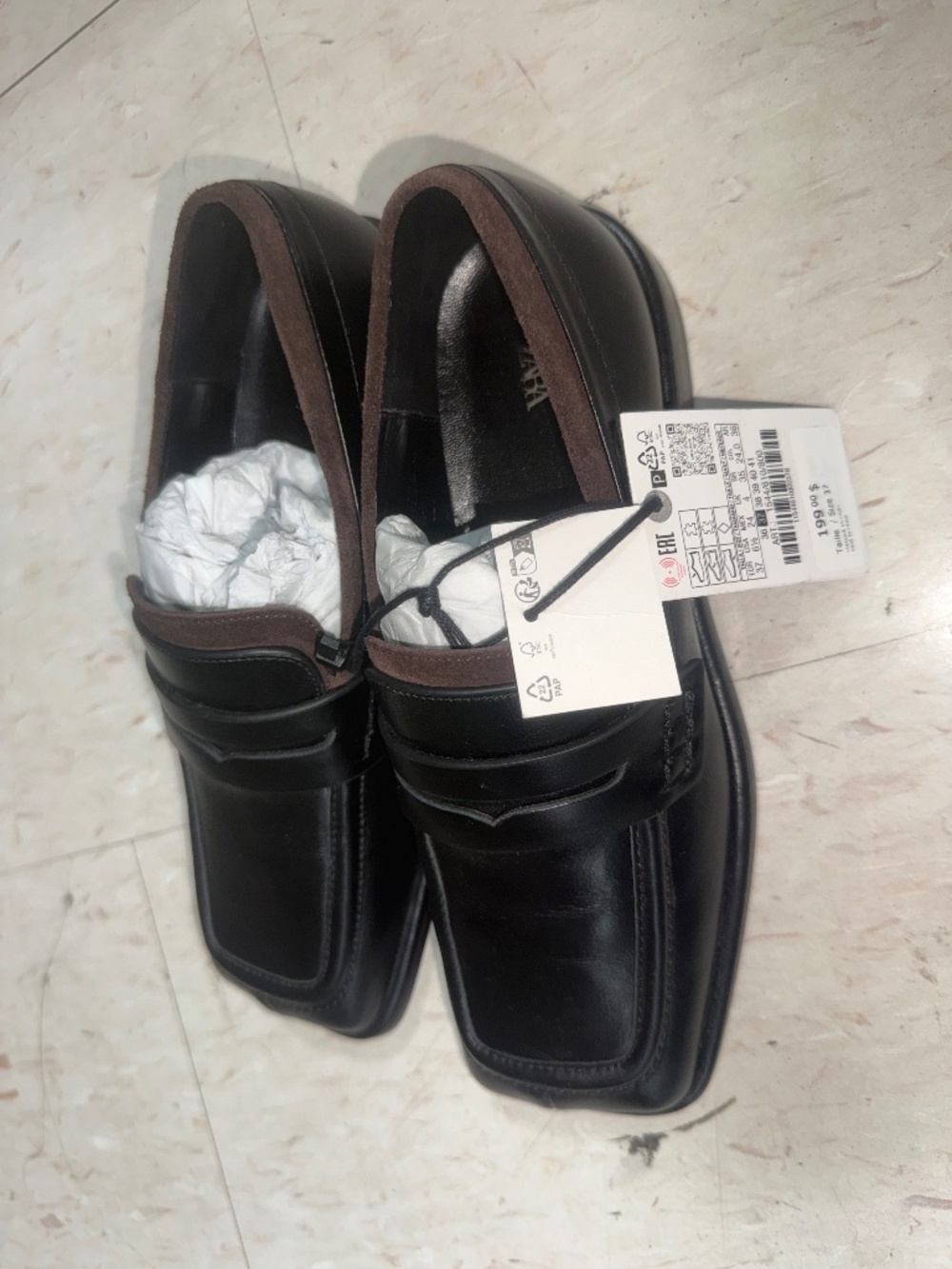 Zara black leather square-toe penny loafers Size 6.5 us
